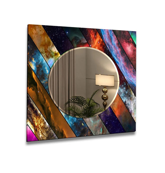 Mirror Art with a vibrant colored space design and cosmic nebulae in diagonal strips around an oval glass mirror reflecting a room