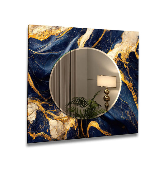 Dark Blue and Gold Bathroom Mirror with an abstract design and round glass mirror reflecting a room on a white wall