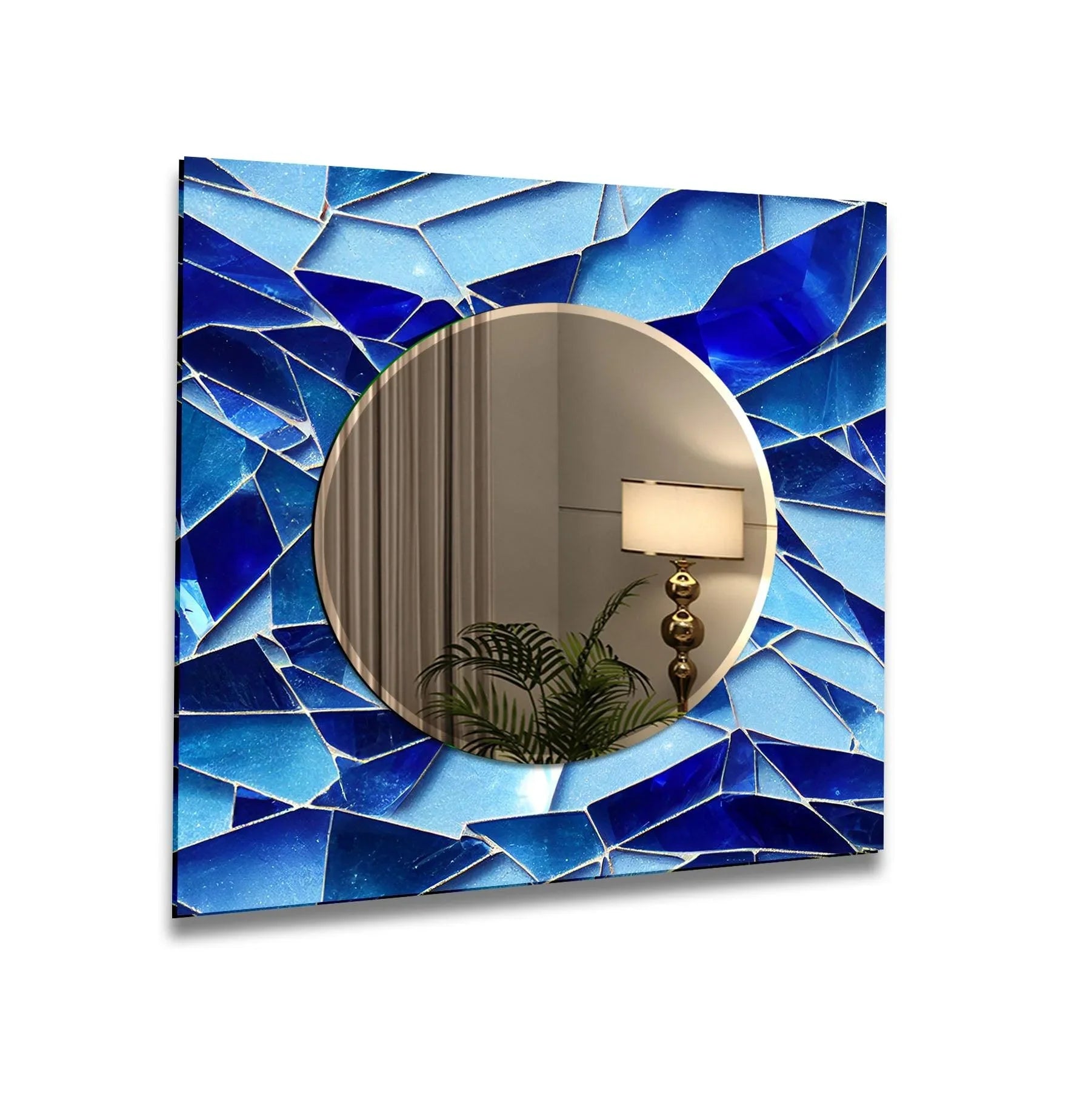 Undulating stained blue shapes create a fluid, dynamic effect in this cracked square wall mirror, bringing movement to your reflection through modern wall mirrors.