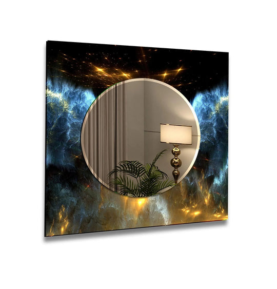 A Lighted Bathroom Mirrors with a black gold space design featuring blue and gold cosmic art and a round reflective surface