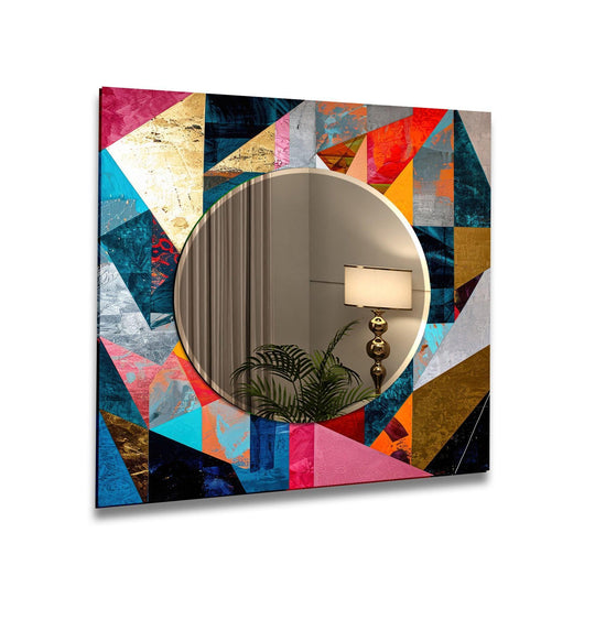 A Mirror Art featuring colorful geometric shapes and abstract patterns a modern statement piece with textured tempered glass reflecting a plant and lamp