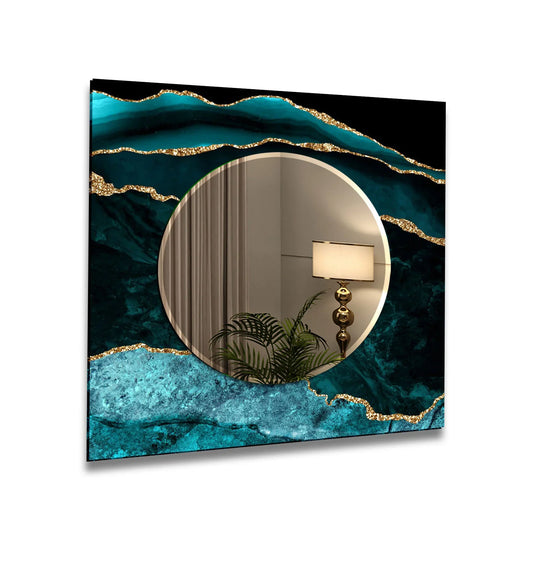 Ocean Gold Wave Wall Mirror – Elegant Teal and Marble Glass Frame - MyPhotoStation