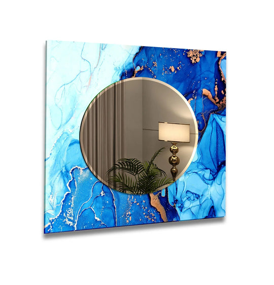 White and Blue Wall Mirror a lighted bathroom mirror in bold abstract design with vibrant blue and white tones and gold accents