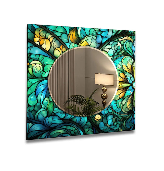 The decorative wall mirror features a green flower motif and has a round shape and is a flower wall mirror and artistic floral decor for any room