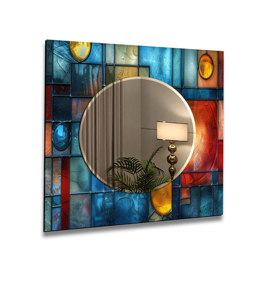 The wall mirror features a blue and red stained design and it's a stained glass mirror for elegant glass decor and vibrant stained mirror art