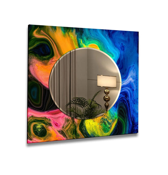 The square decorative wall mirror features a blue and orange abstract art design and is modern stained glass and makes a bold wall mirror statement