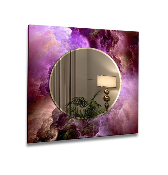 An abstract wall mirror showcases a purple and pink smoke view design with a circular mirror reflecting a plant and lamp a mystical decorative tempered glass mirror