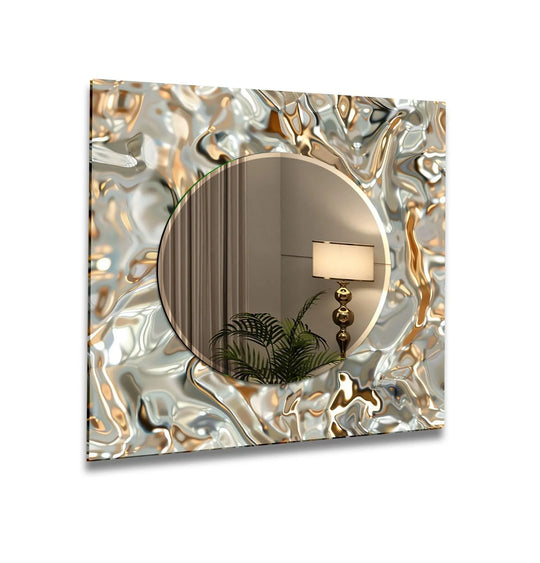 Shiny Gray Golden wall mirror featuring an abstract metallic liquid design in silver and gold reflecting a room interior