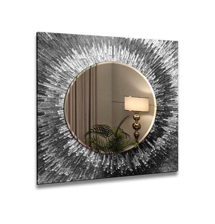 Strahlender Wandspiegel aus geplatztem Glas – Moderne reflektierende Kunst in Schwarzweiß 