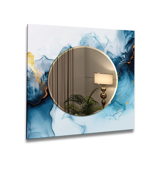 Blue Alcohol Ink Abstract Wall Mirror featuring an elegant dark blue and white abstract design with gold accents and a round central reflection