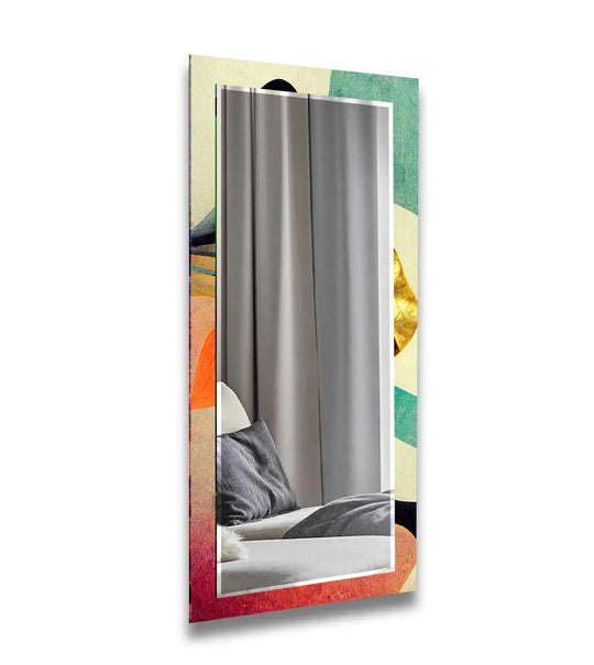 The long mirror is green and orange with golden tones and is artistic vintage design wall decor