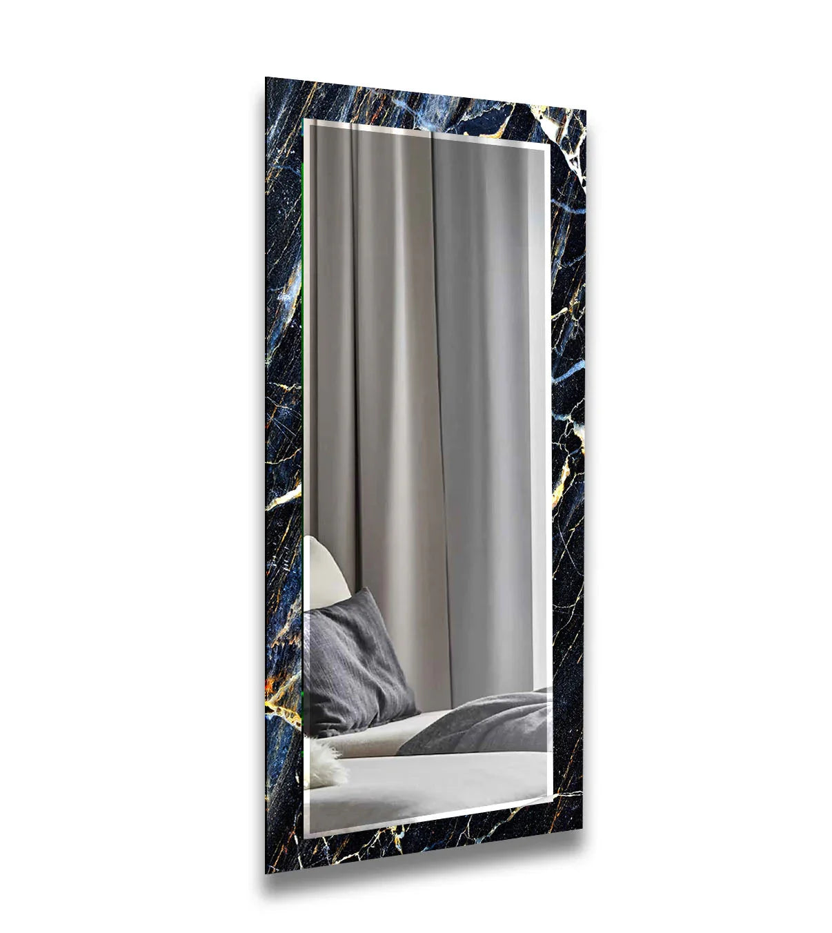Visual rhythm is achieved with the alternating dark and light marble patterns on this dark marble abstract wall mirror for wall decor, creating a striking visual flow.