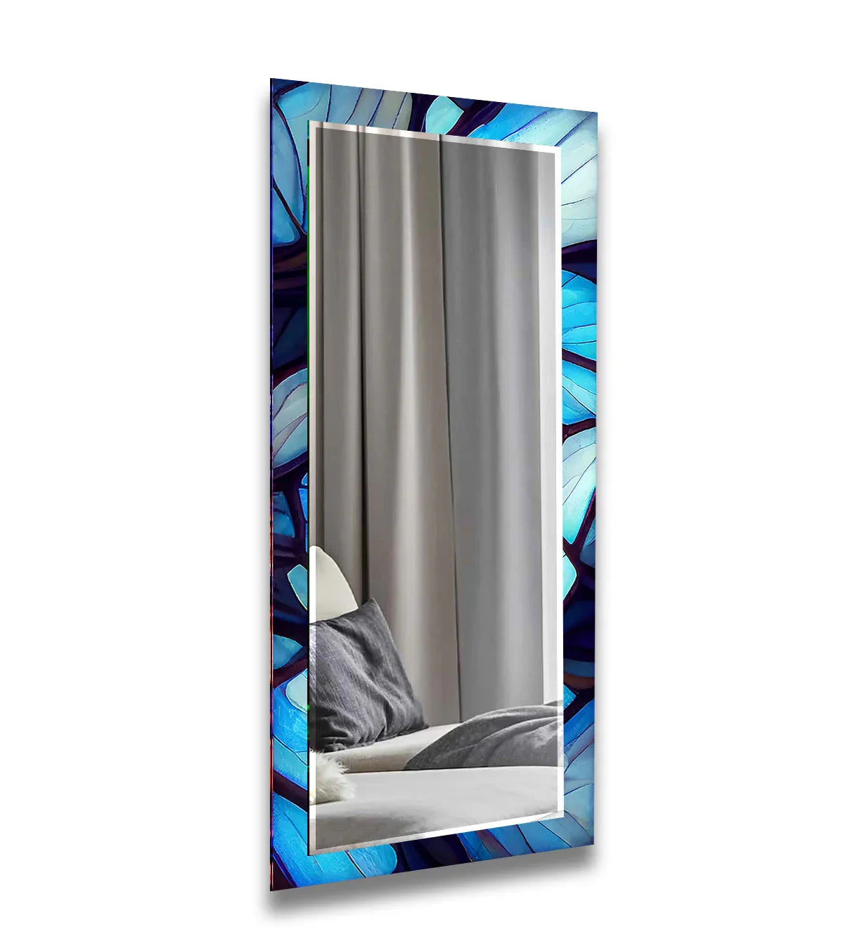 The brightest area highlights the reflective surface of the blue and white stained wall mirrors, providing a glimpse of the room's elegant home decor.