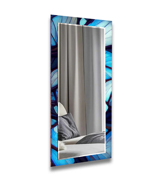 The vertical long mirror features a blue and white stained glass design and offers elegant home décor and is a stained glass mirror for any space