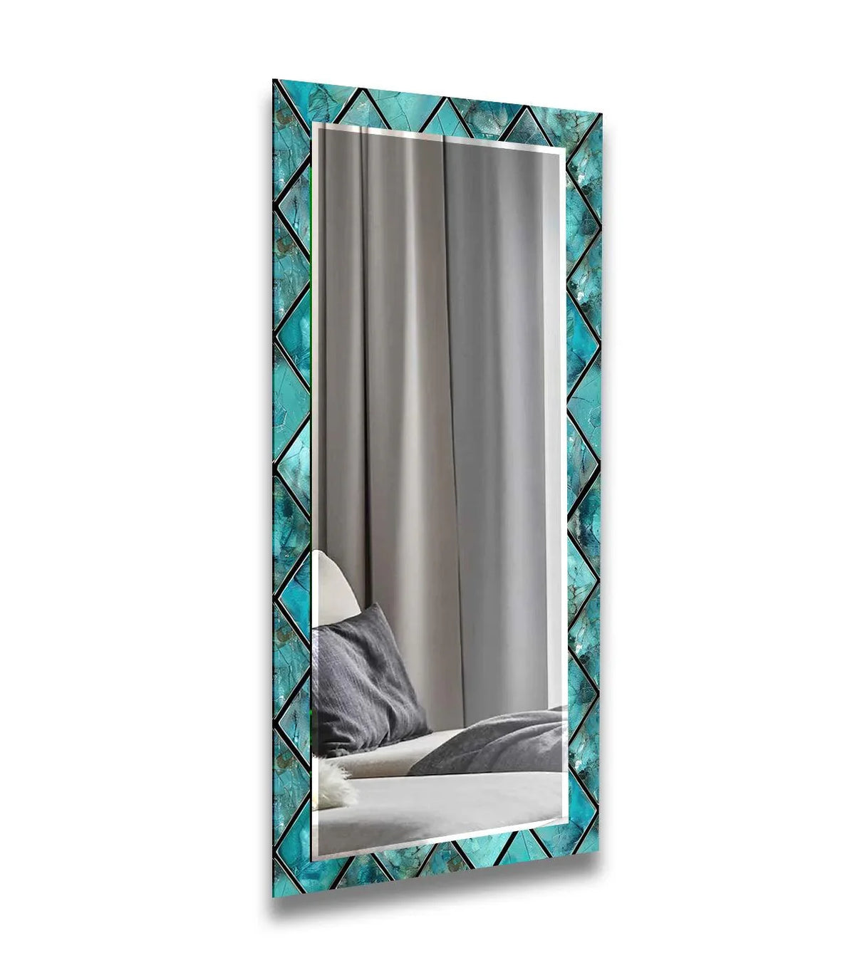 Vertically oriented rectangle-shaped geometric design wall mirror offers a stunning reflection, ideal for decorating with wall mirrors in any modern space.