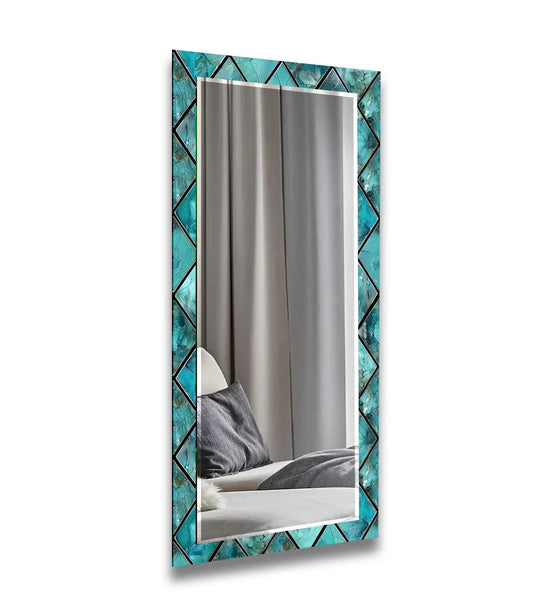 Geometric design blue abstract long wall mirror with diamond patterns and teal colors reflecting a modern bedroom