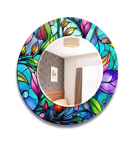 The round wall mirror shows a stained glass design with colorful flowers and the mirror art adds a vibrant decorative piece to the room and it has an artistic stained glass effect