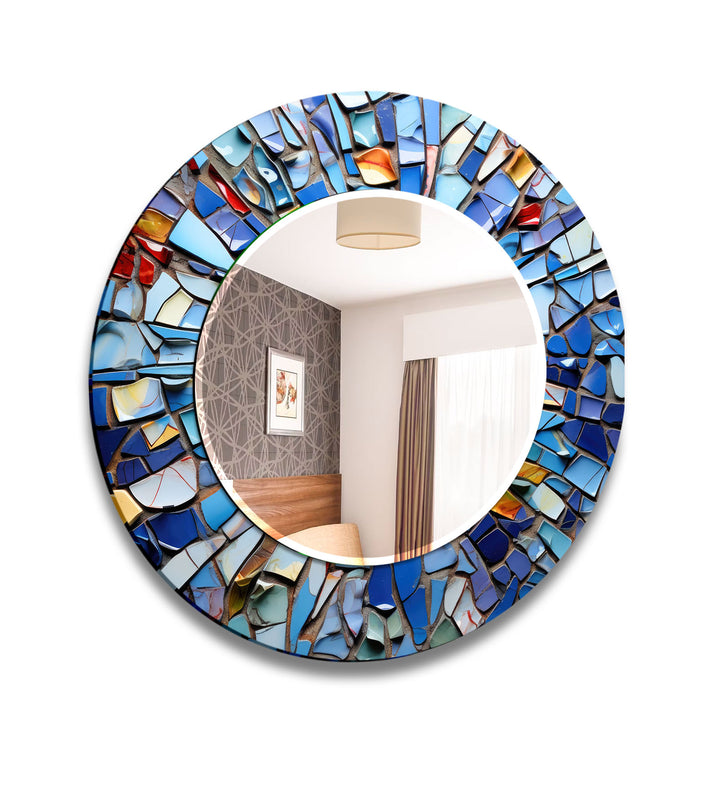 Blue Mosaic Round Mirror – Artistic Frame for Modern Wall Decor