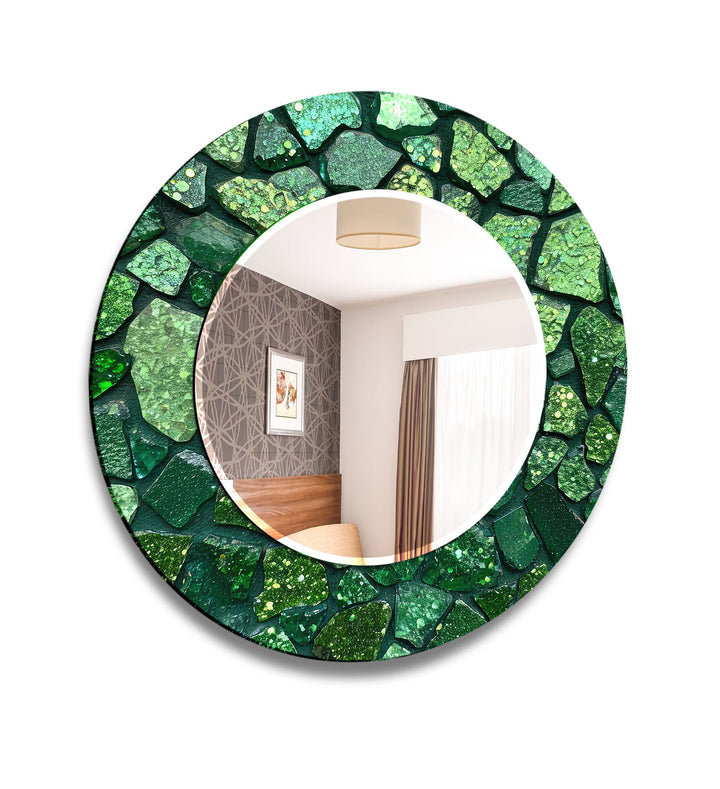 Emerald Mosaic Round Mirror – Green Gem Frame for Modern Wall Decor