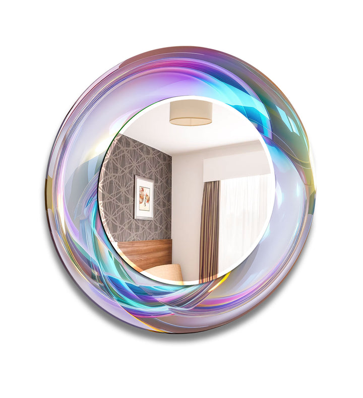 Holographic Swirl Glass Mirror – Iridescent Frame for Modern Decor