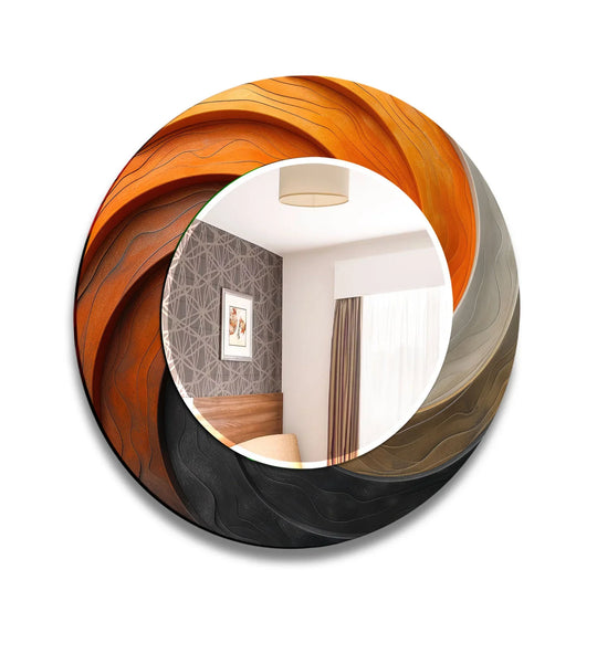 Modern Ombre Swirl Round Wall Mirror – Orange Black Frame for Contemporary Decor - MyPhotoStation