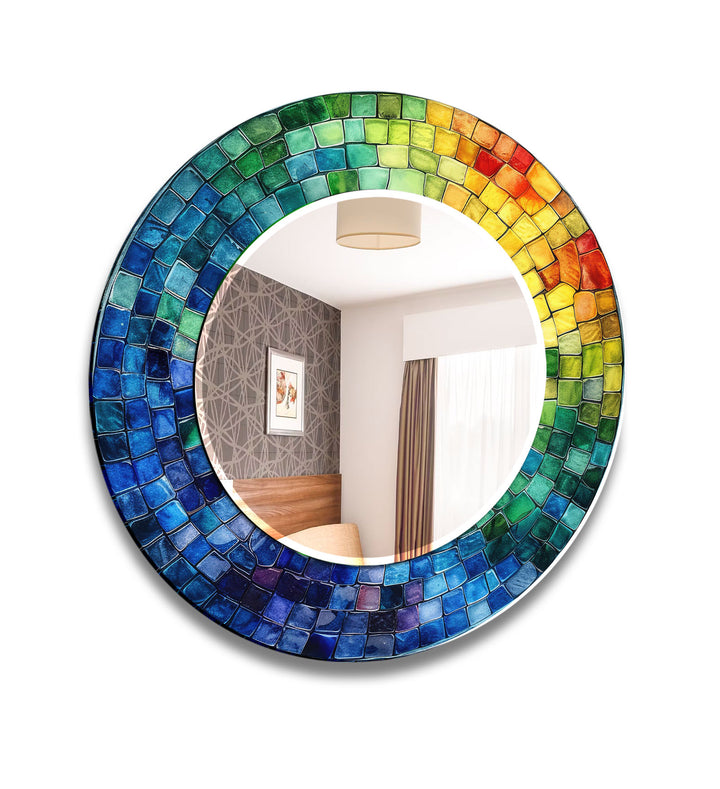 Rainbow Mosaic Glass Wall Mirror – Vibrant Round Frame Accent