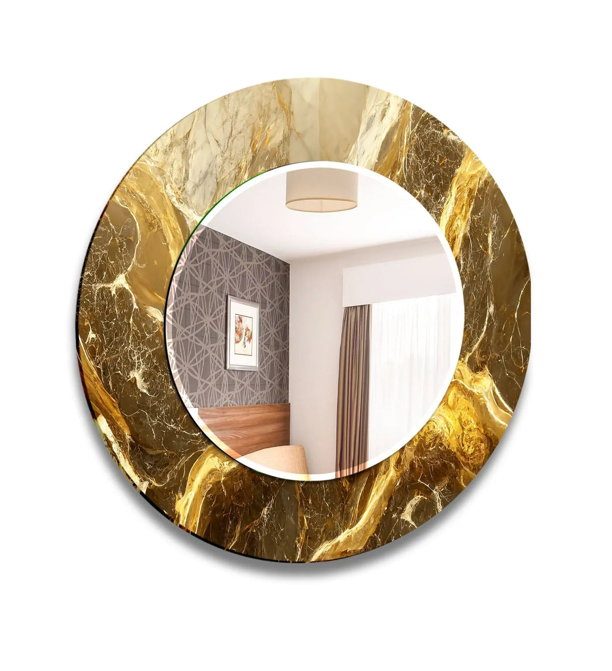 Premium framed wall mirror featuring a brown and yellow abstract design showcases exceptional material quality with its marble-inspired accents.
