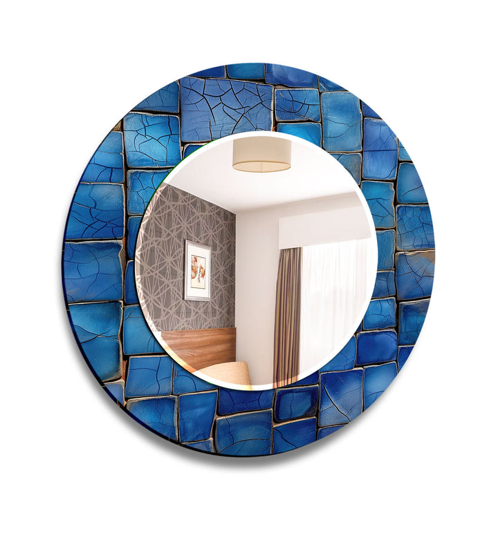 Runder Wandspiegel mit blauem Mosaik – Küstenglasrahmen für moderne Wohndekoration