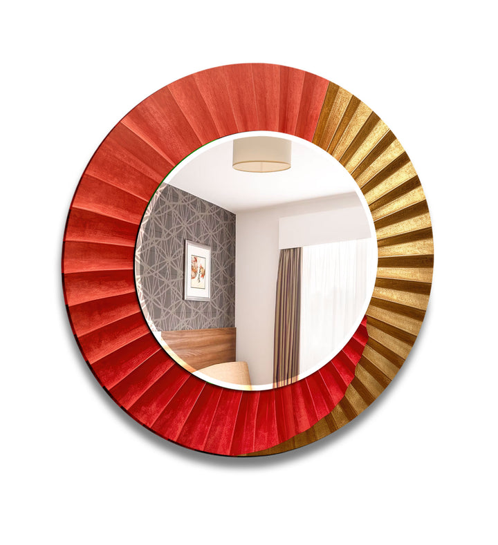 Sunburst Ombre Round Wall Mirror – Red & Gold Frame for Modern Decor