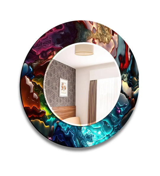 The round mirror features blue and red oil art and is a stained glass mirror great as abstract artistic décor and to add bold flair