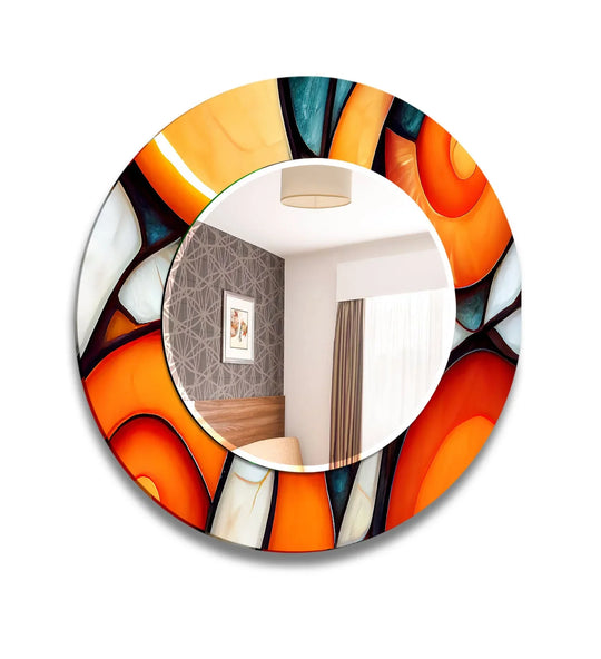 The round mirror has an orange stained glass pattern and is a decorative round mirror plus living room mirror and abstract mirror
