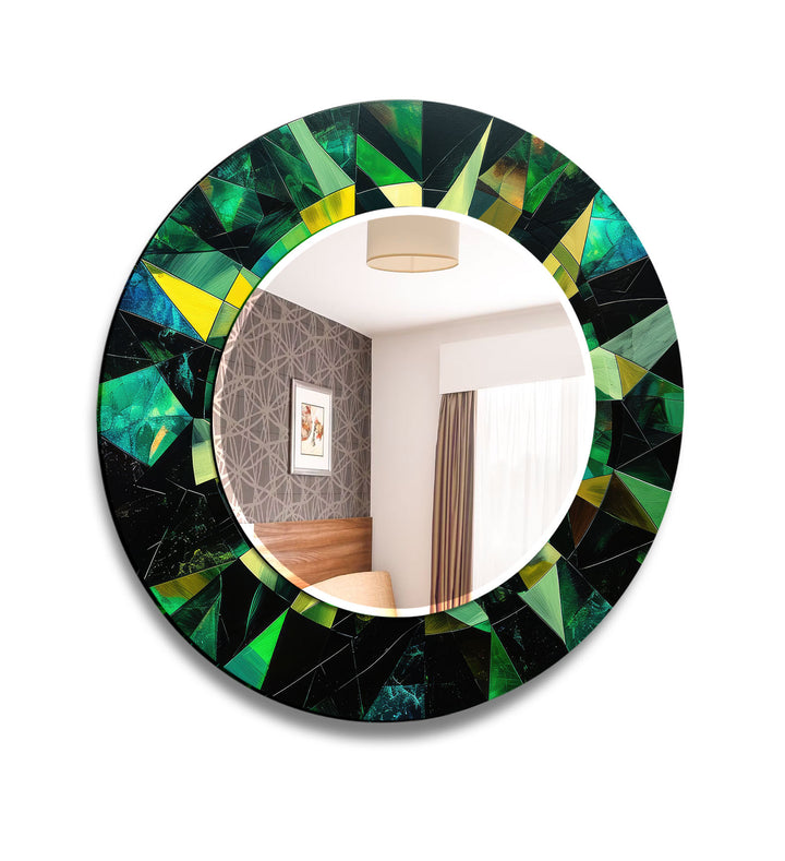 Emerald Geometric Round Mirror – Green Faceted Frame Wall Decor