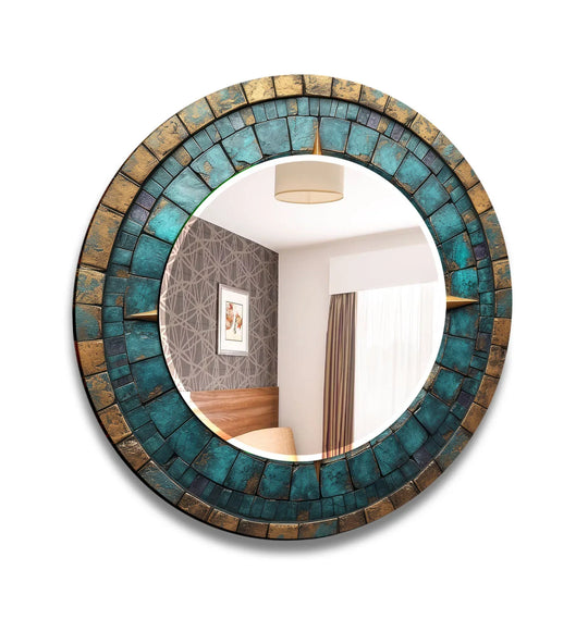 Turquoise & Gold Mosaic Round Wall Mirror – Rustic Boho Glass Frame for Home Decor - MyPhotoStation