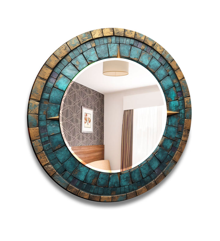 Runder Wandspiegel mit türkis-goldenem Mosaik – Rustikaler Boho-Glasrahmen für die Inneneinrichtung 