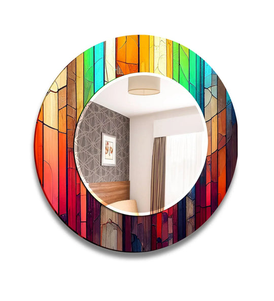 The lighted bathroom mirror features a colored wood design and stained glass style and adds an artistic touch as a stained glass mirror product