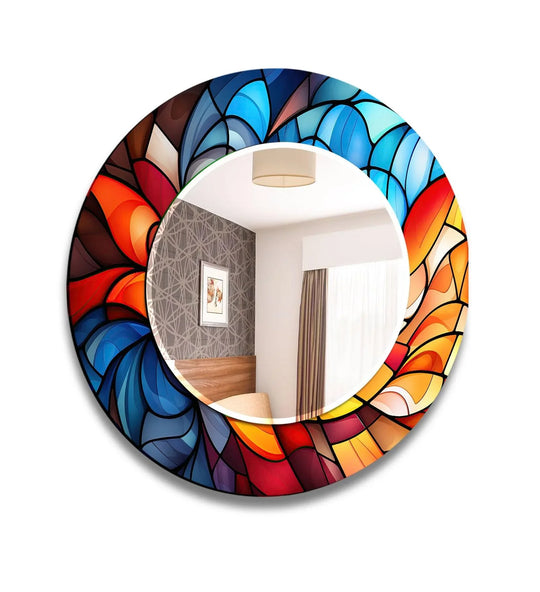 The round mirror has blue and orange mosaic and is colorful glass decorBlue Orange Round Wall Mirror is artistic stained glass mirror for home decor