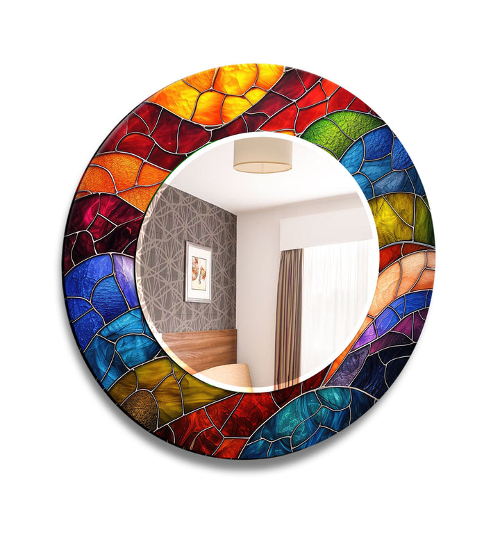 Colorful Stained Glass Round Mirror – Mosaic Frame Wall Accent