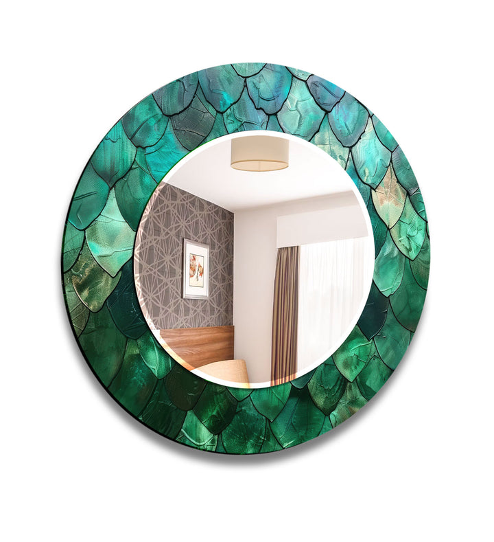 Green Mosaic Round Mirror – Leaf Texture Frame for Natural Decor