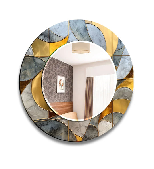 Gold & Blue Round Wall Mirror – Abstract Glass Frame for Decor - MyPhotoStation