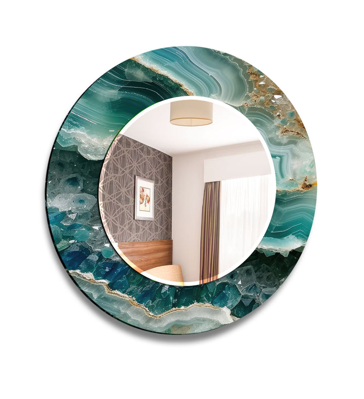 Green Agate Round Wall Mirror – Gemstone Pattern Glass Frame for Boho Interiors