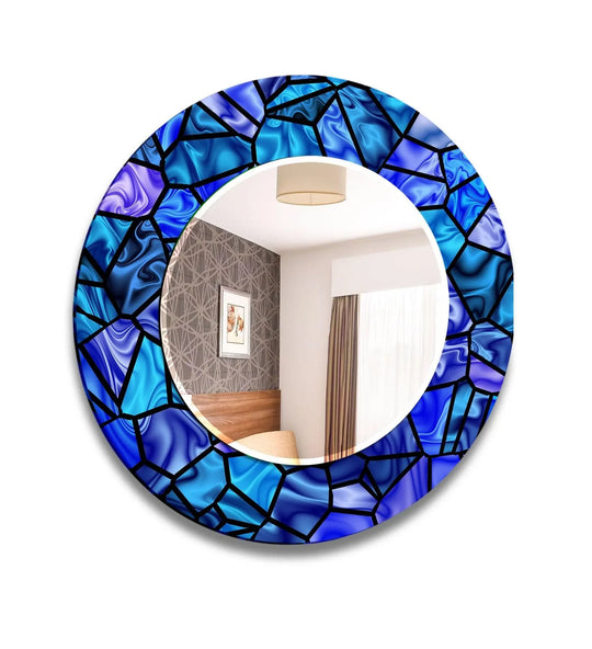 The decorative wall mirror features a blue stained glass design and makes a vivid stained glass mirror for entryway decor and an accent piece and cool art glass