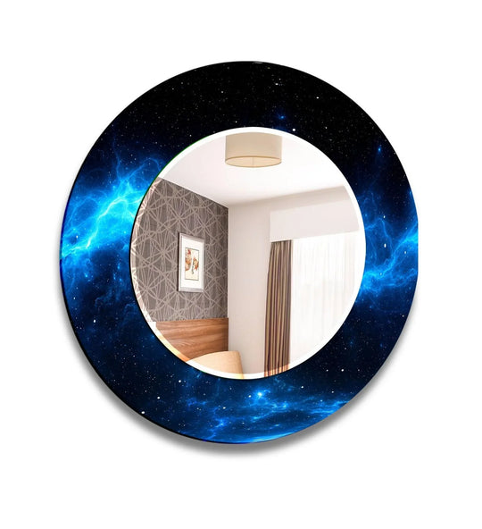 Black and Blue Abstract Wall Mirror with a space nebula design and round tempered glass reflecting a room with a patterned wall