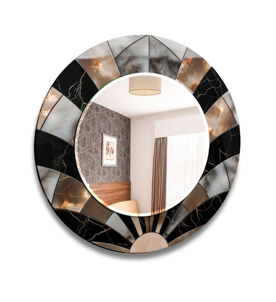 Black Marble Round Wall Mirror – Elegant Sunburst Frame Accent - MyPhotoStation