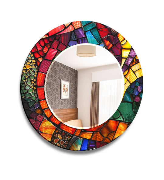 Multicolor Mosaic Round Wall Mirror – Artistic Glass Frame for Boho & Modern Decor - MyPhotoStation