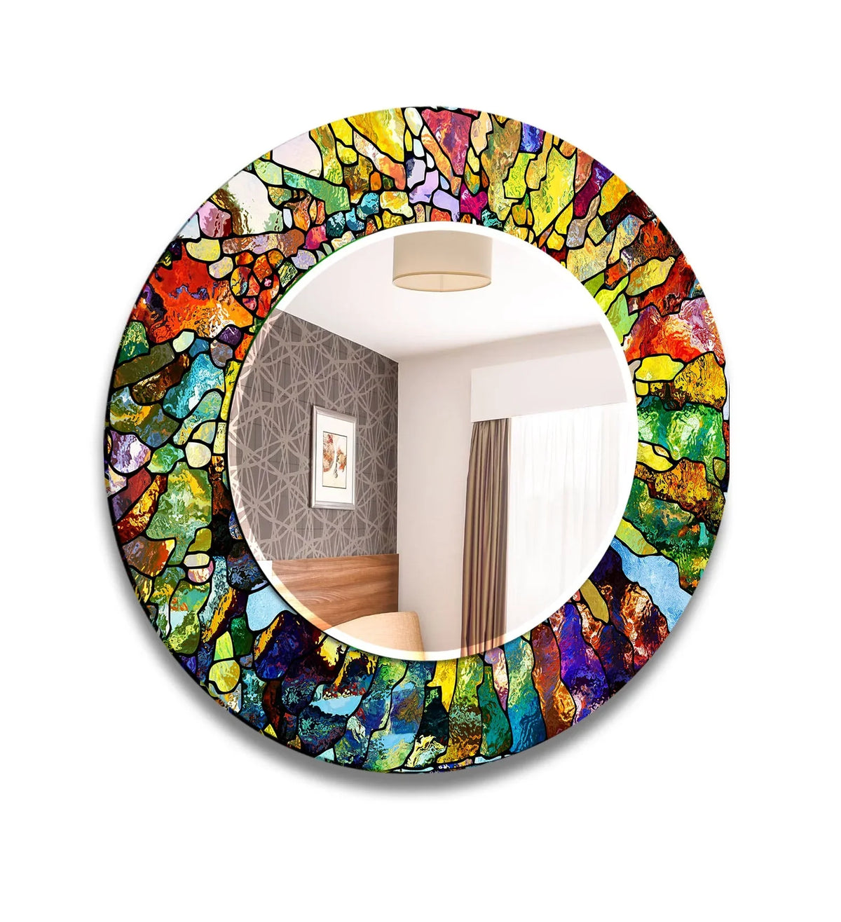 Brilliant hues create a captivating stained-glass effect around this round mirror for wall decor, making it a vibrant and artistic statement piece.