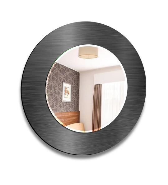 Decorative Wall Mirrors feature a round sleek silver and black frame reflecting a contemporary room and patterned wallpaper on a white wall