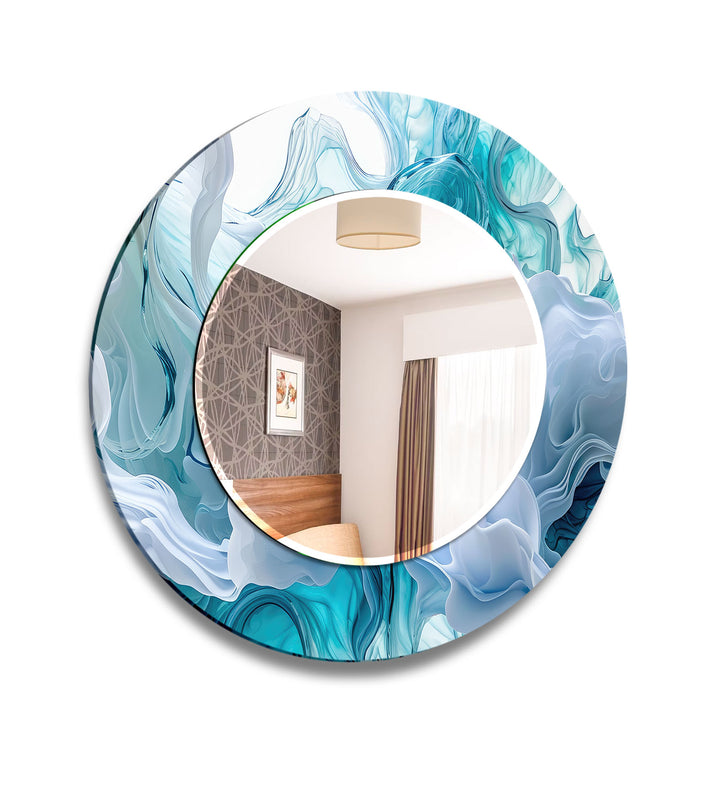 Aqua Blue Swirl Round Wall Mirror – Ocean-Inspired Glass Frame for Coastal Home Decor