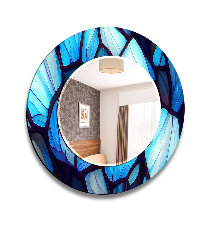 Blue Forest Glass Wall Mirror – Artistic Leaf Pattern Frame
