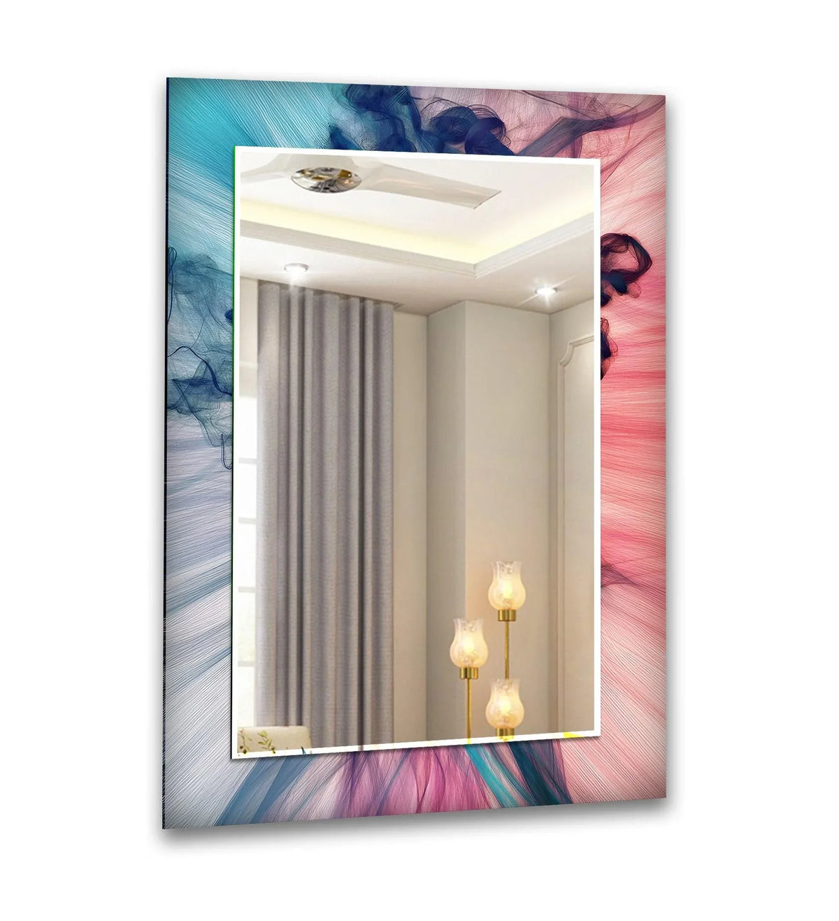 Illuminated by the lamps, the central section of this pink and blue abstract wall mirror reflects a luminous ambiance, making it an eye-catching mirror for wall decor.