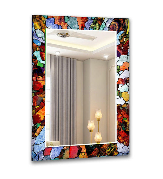The large wall mirror features colored mosaic stones and stained glass detail and is a bold artistic wall decor statement for your home and is UV printed on tempered glass